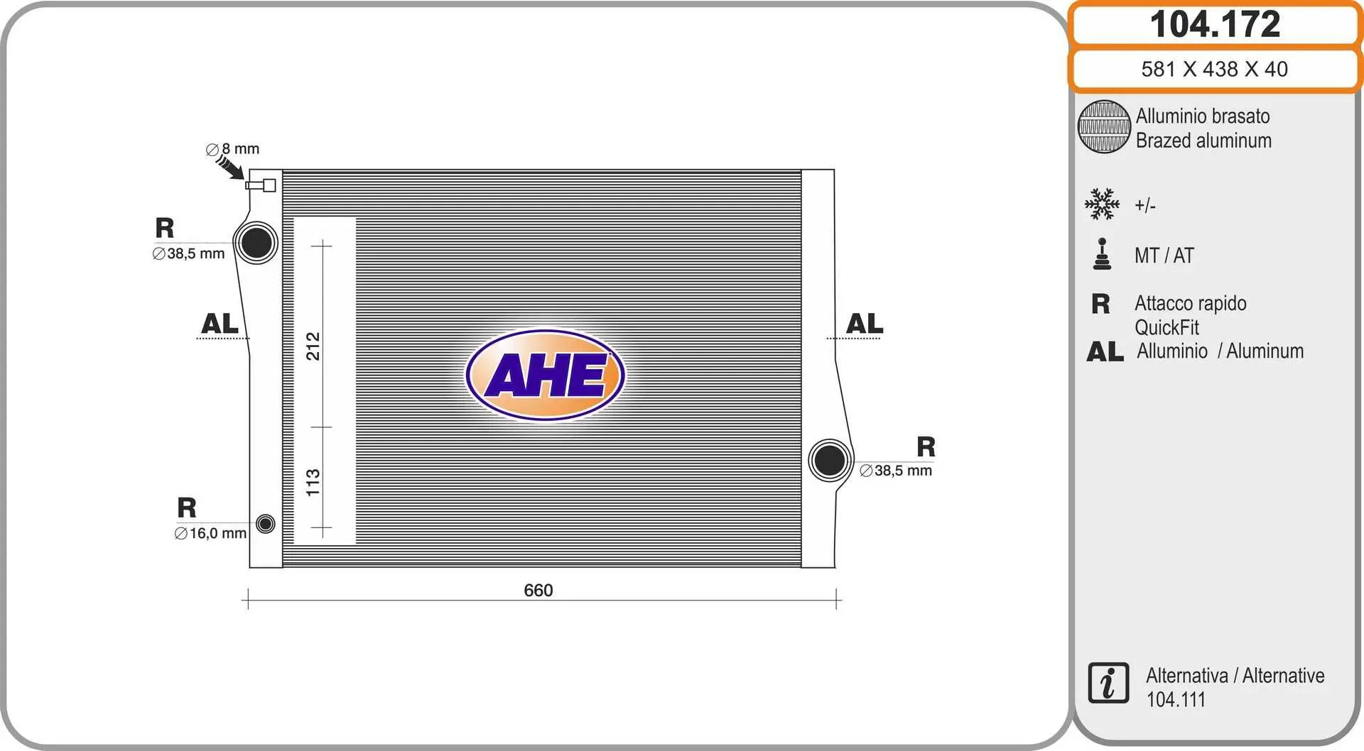Radiateur, refroidissement du moteur AHE 104.172