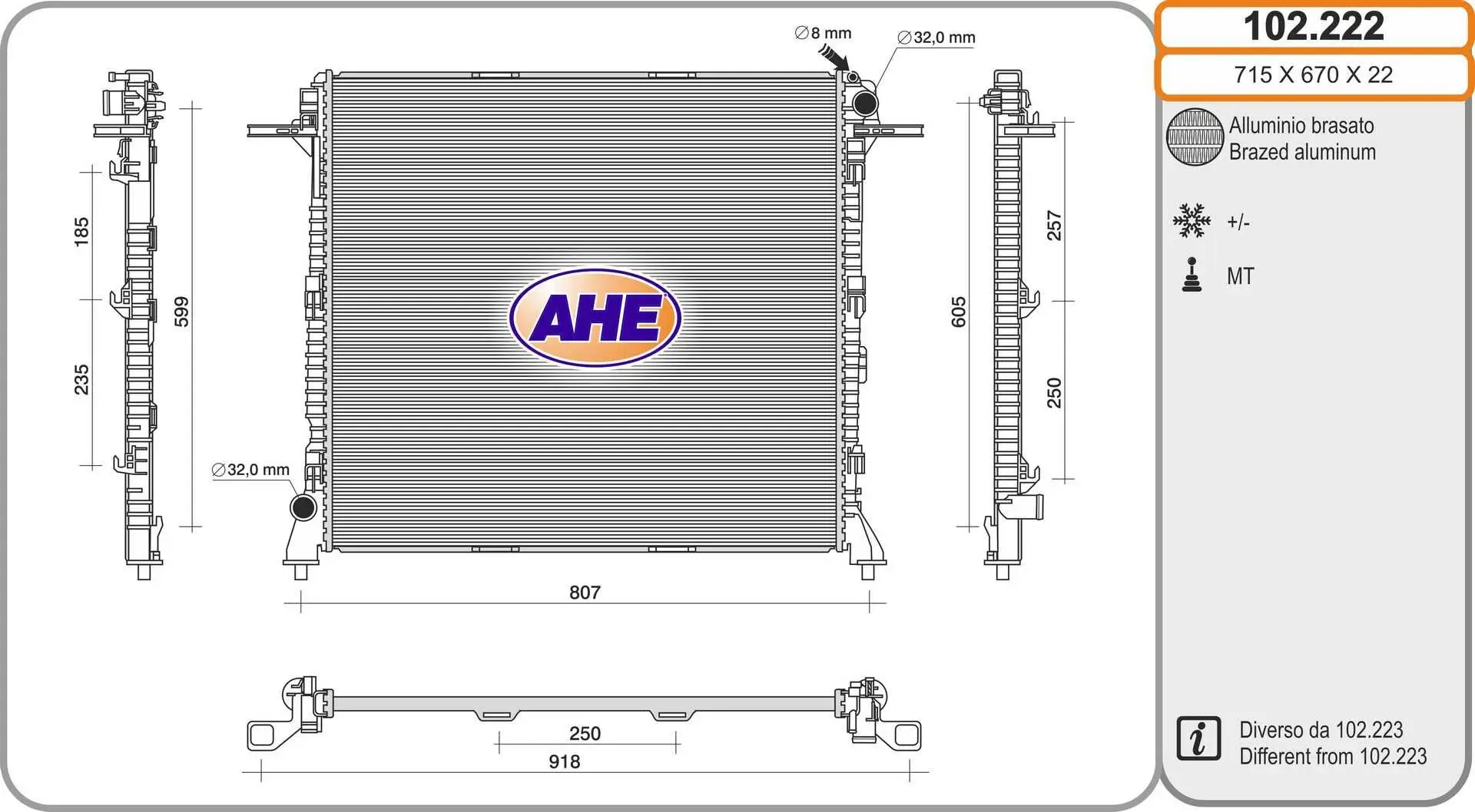Radiateur, refroidissement du moteur AHE 102.222