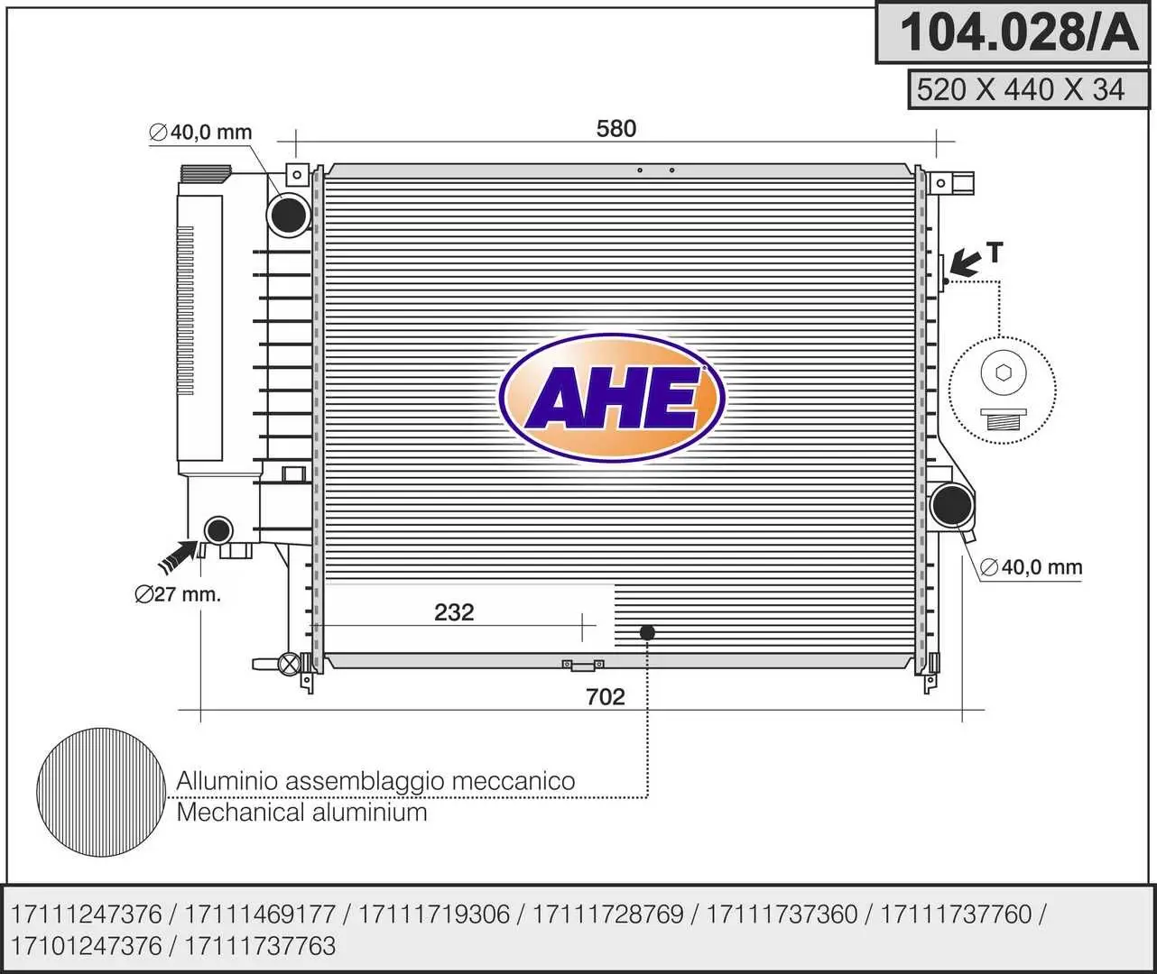 Radiateur, refroidissement du moteur AHE 104.028/A